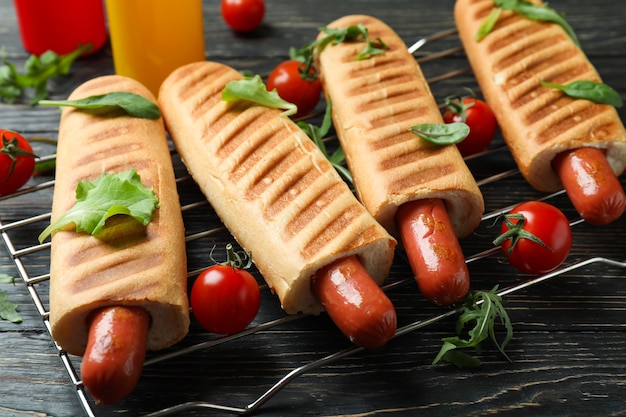 Concept of tasty food with french hot dog