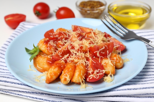 Concept of tasty food with gnocchi close up