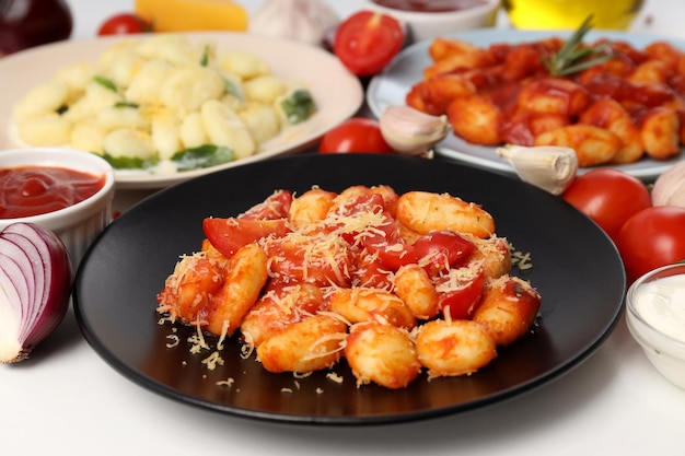 Concept of tasty food with gnocchi close up