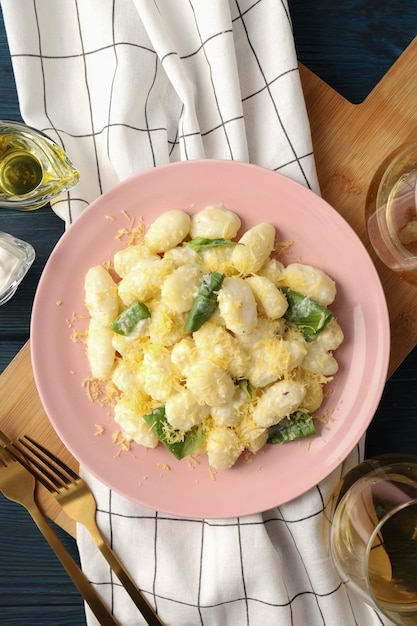 Concept of tasty food with gnocchi top view