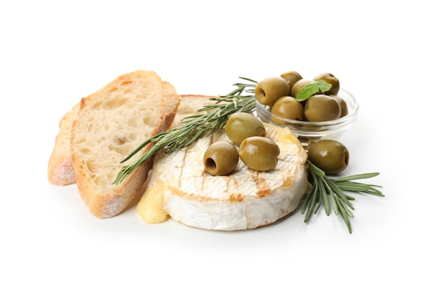 Concept of tasty food with grilled camembert isolated on white background.