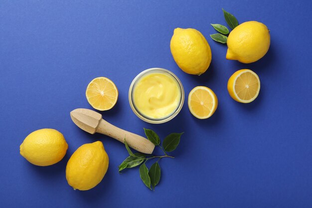 Concept of tasty food with lemon curd top view