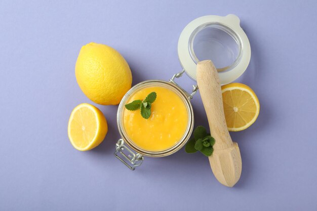 Concept of tasty food with lemon curd top view