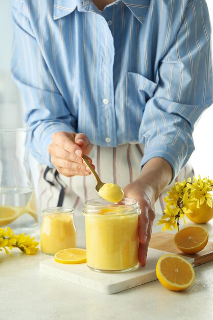 Concept of tasty food with lemon curd