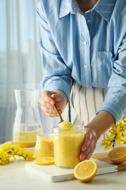 Concept of tasty food with lemon curd