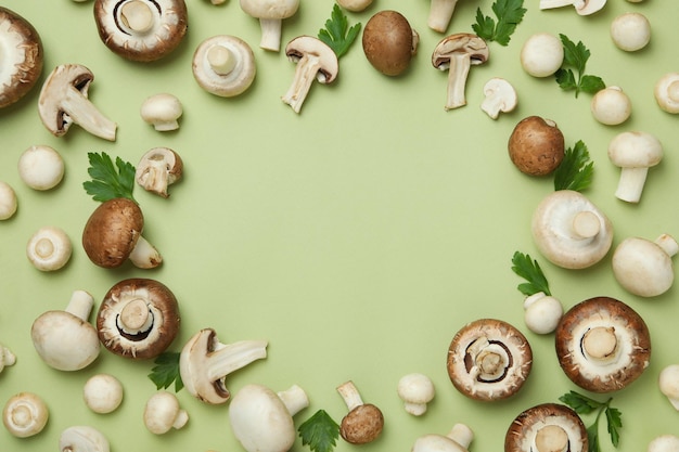 Concept of tasty food with mushroom on green