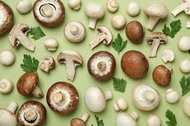 Concetto di cibo gustoso con funghi su green