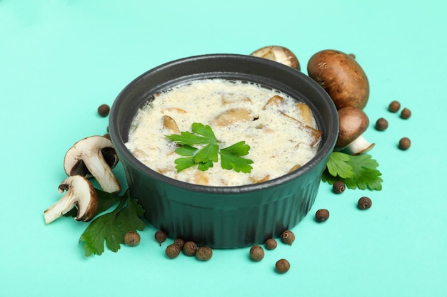 Concept of tasty food with mushroom sauce on mint background