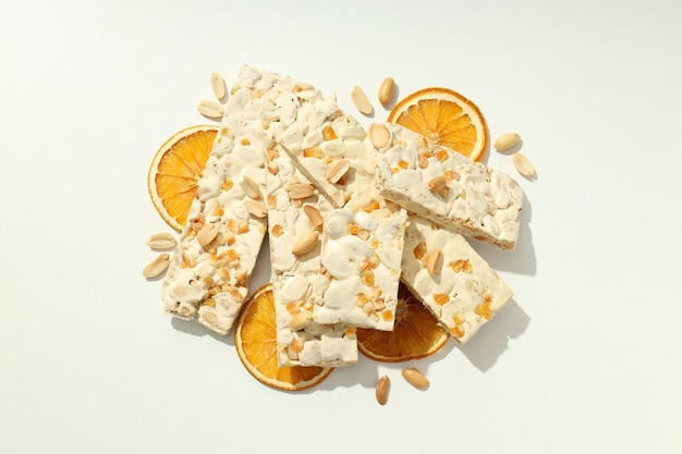 Concept of tasty food with nougat top view