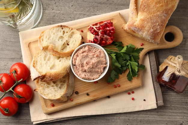 Concept of tasty food with pate top view
