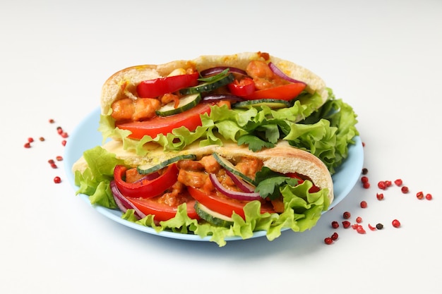 Concept of tasty food with pita with chicken close up
