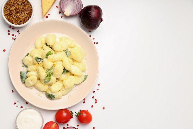 Concept of tasty food with potato gnocchi, space for text