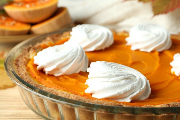 Concept of tasty food with pumpkin pie, close up