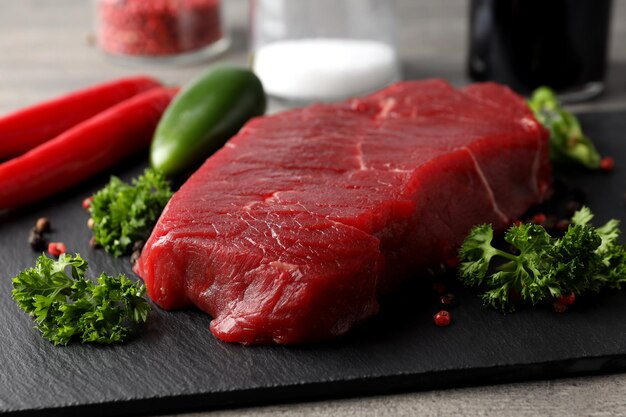 Concept of tasty food with raw beef steak, close up