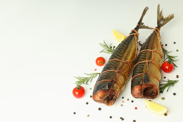 Concept of tasty food with smoked mackerel space for text