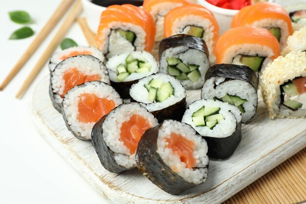 Concept of tasty food with sushi close up