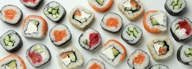 Concept of tasty food with sushi top view