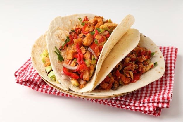 Concept of tasty food with taco on white background