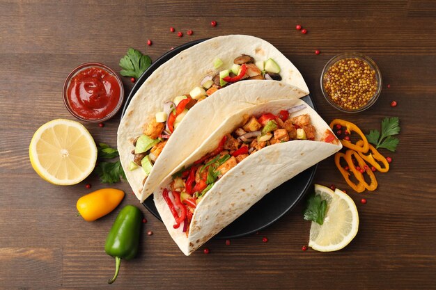 Concept of tasty food with taco on wooden background