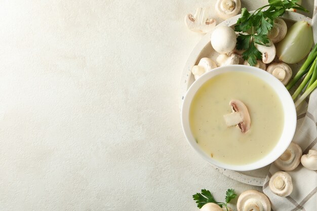 Concept of tasty lunch with bowl of mushroom soup