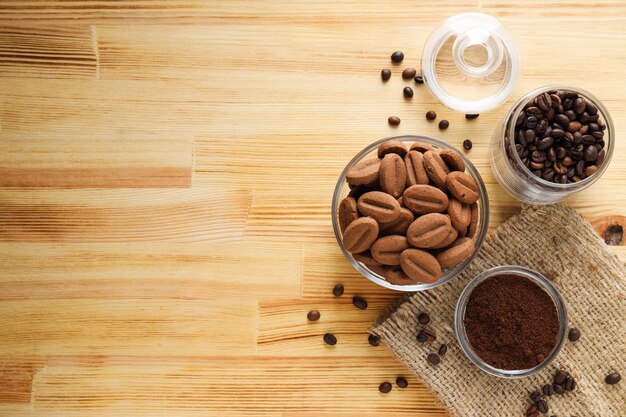 Concept of tasty snack for hot drink cookies in the shape of coffee seeds