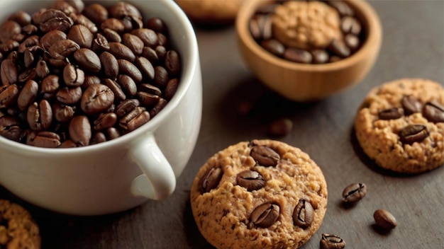 Photo concept of tasty snack for hot drink cookies in the shape of coffee seeds