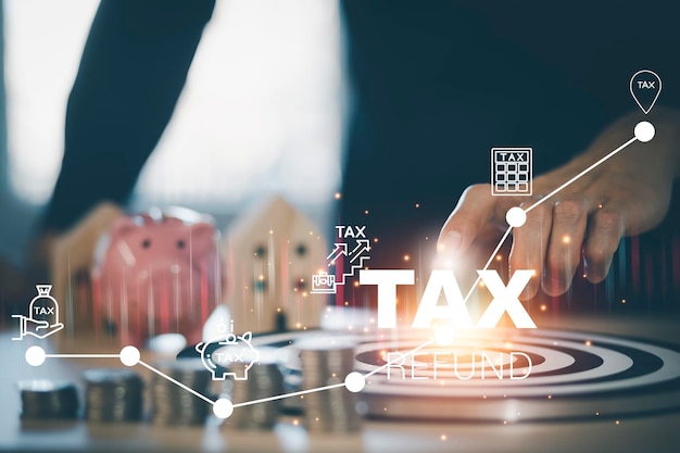 Concept of tax payment optimisation business financeMan using calculator and taxes icon on technology screenincome tax and property background for business individuals and corporations such as VAT