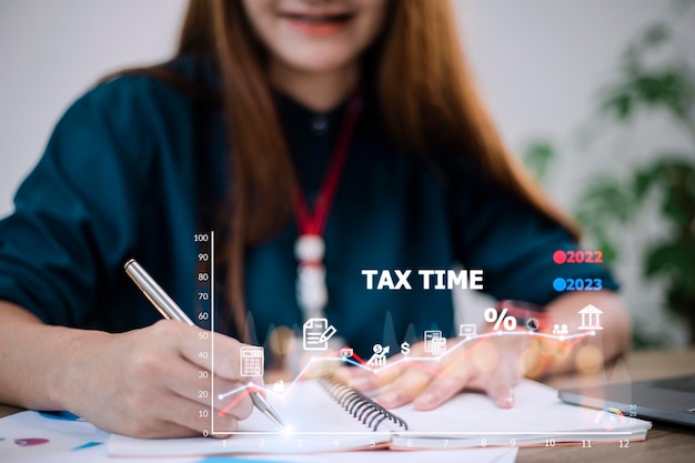 Photo concept of tax payment optimization business finance people with taxes icon on technology screen income tax and property background for business individuals and corporations such as vat