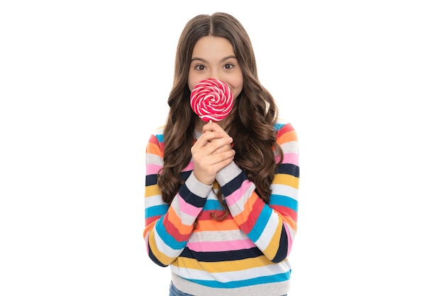 Concept of teen dental care sweet tooth yummy happy girl hold lollipop isolated on white