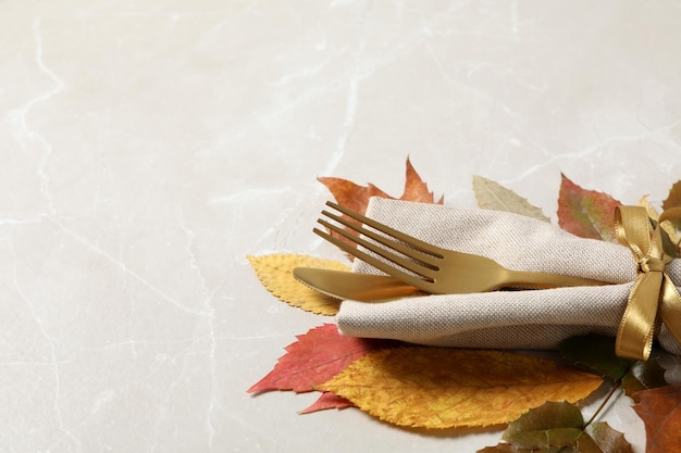 Concept of Thanksgiving day Autumn table setting space for text