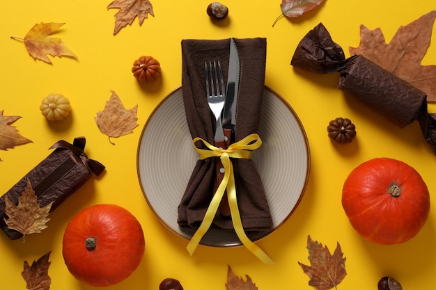 Concept of Thanksgiving day Autumn table setting top view