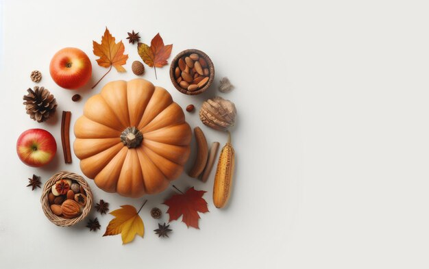 Concept of thanksgiving harvest autumn fall season Top view Autumnal corner with pumpkins lea