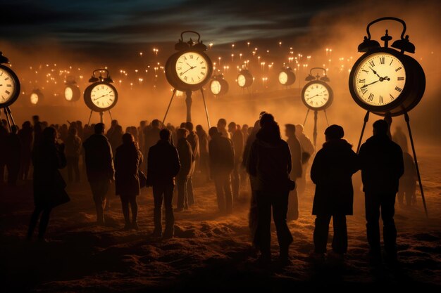 Concept of time deadline changing clocks to winter time Many people at night among them there are many alarm clocks