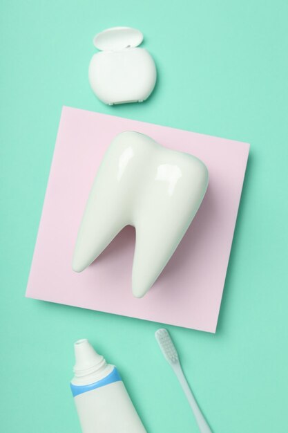 Concept of tooth treatment and dental care top view