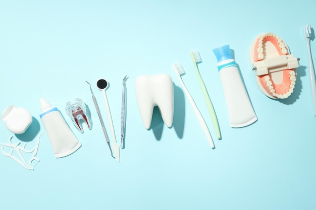 Concept of tooth treatment and dental care top view