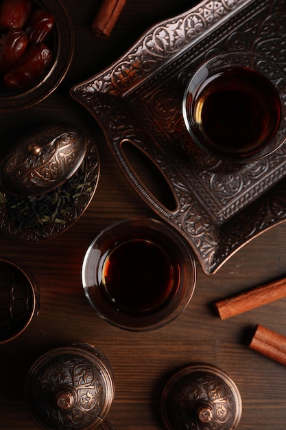 Concept of traditional turkish brewed hot drink turkish tea top view