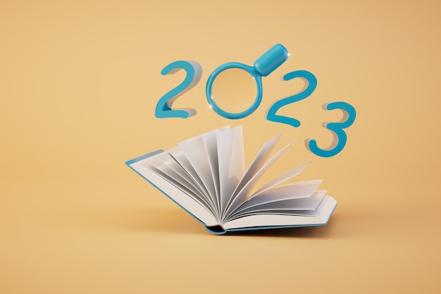 The concept of training in 2023 an open book a magnifying glass and an inscription 2023 3D render