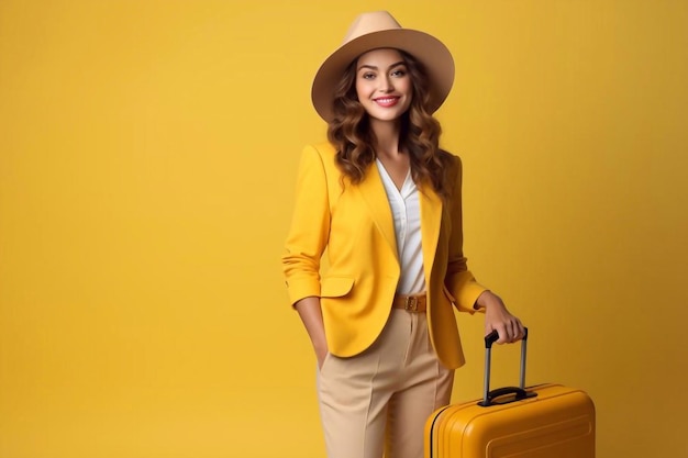 Concept of travel happy woman girl with suitcase and passport on yellow colored background