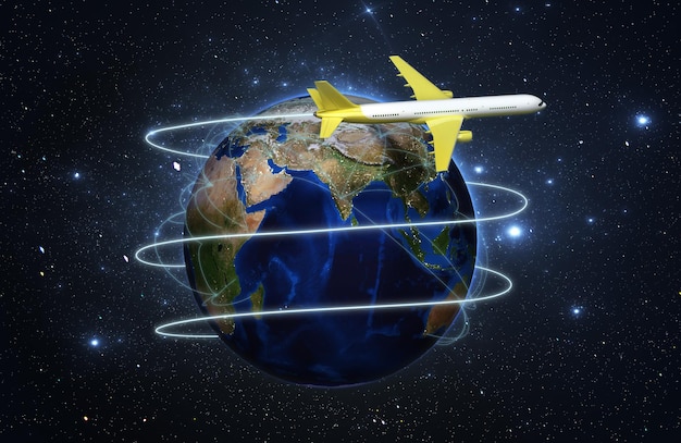 Concept of travel and transportation Land with air transport routes 3d render in space