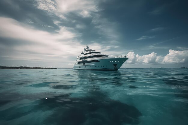Concept of travel vacation and vessel trip luxury yacht sailing on ocean in Maldives