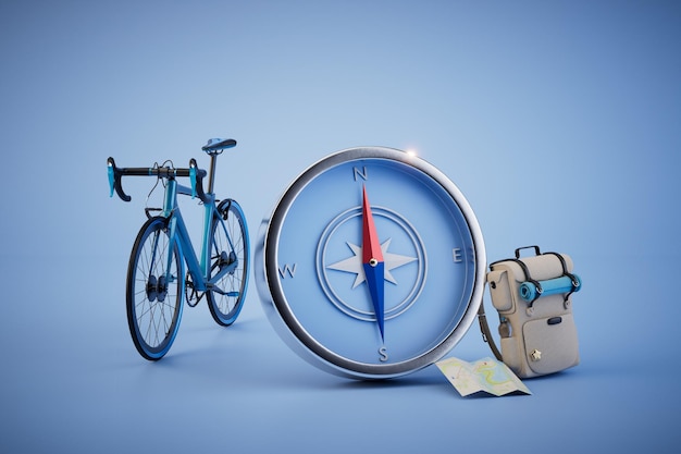 The concept of traveling by bicycles bike compass map and hiking backpack on a blue background