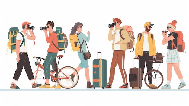 Photo the concept of traveling vacationing and tourism is shown in modern flat illustration of people including a man with a camera a couple taking a photo a girl on a bike and a guy with binoculars