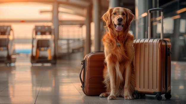 ペットと一緒に旅行するというコンセプト 犬のリトリバーが空港や駅で座って待っています