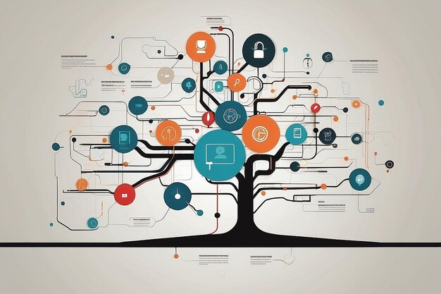 Photo concept of tree with vector web icons business icons and technology icons illustration