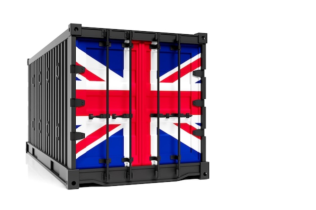 Концепция экспортно-импортных контейнерных перевозок Соединенного Королевства и национальной доставки товаров Транспортный контейнер с национальным флагом Великобритании вид спереди