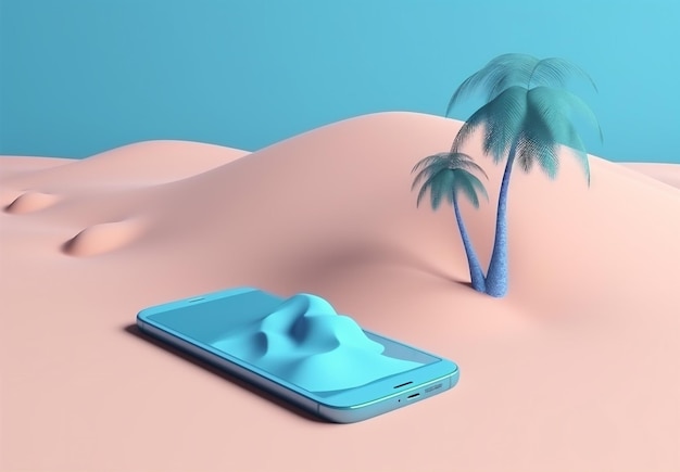 Concept up sand mock summer palm creative phone cyber sea holiday Generative AI