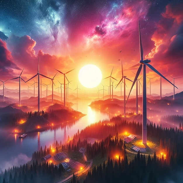 Concept van alternatieve elektriciteitsenergie met windmolens op de achtergrond bij zonsondergang
