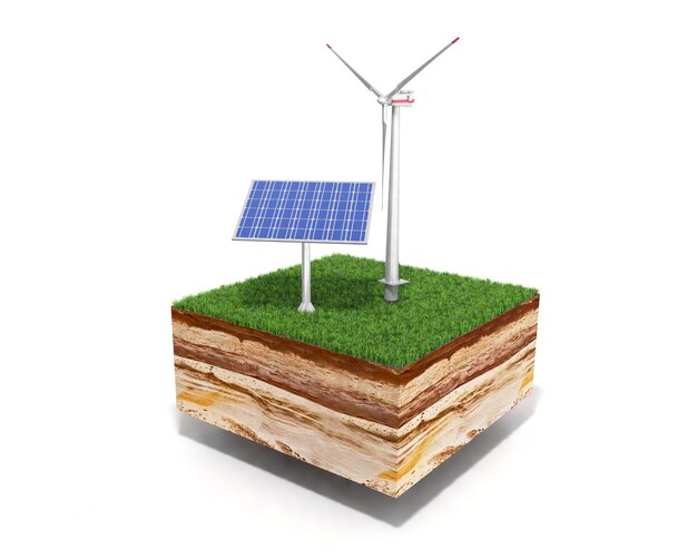 Concept van alternatieve energie 3d-illustratie van een dwarsdoorsnede van de grond met gras geïsoleerd op wit