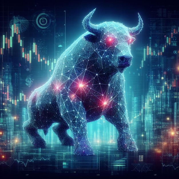 concept van beursbeurs of financiële technologie veelhoek stier en beer met futuristische