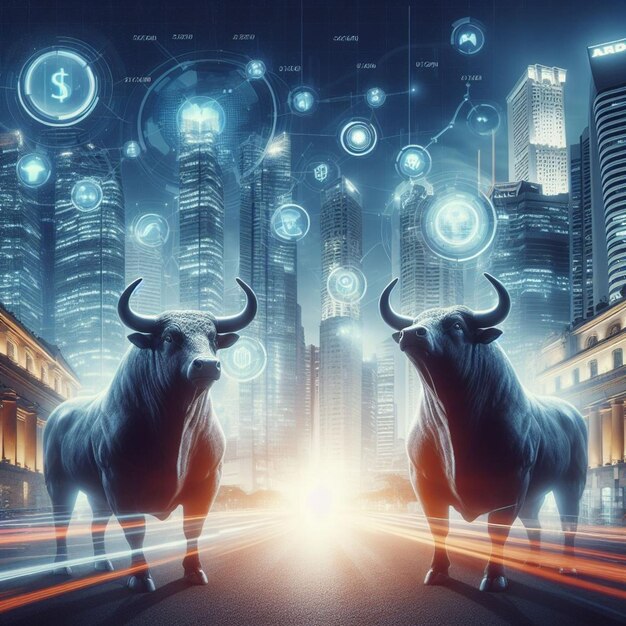 concept van beursbeurs of financiële technologie veelhoek stier en beer met futuristische